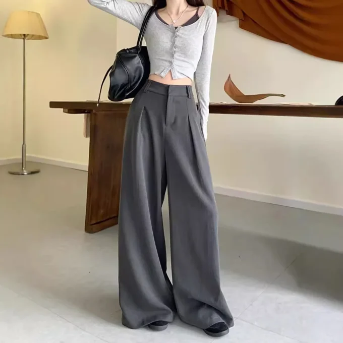 Autumhigh Casual Suit Pants High Waist Slimming Straight-Leg Draped Mop Design Easy Match Flat Front Elastic Waist - Image 3