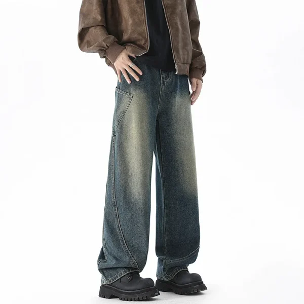 2025 Men's Scimitar Jeans Loose Straight Wide-Leg American Retro Long Pants in Autumn Winter Casual Denim with Medium Wash