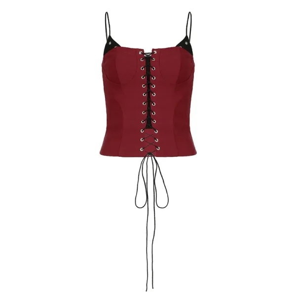Contrast Color Splicing  Small Suspender Chest Straps Irregular Waist Slimming Short Top - Image 6