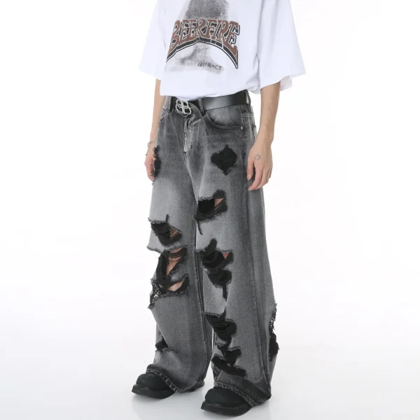 2025 Summer New High Street Men's Clothing Hole Beggar's Hip Hop Wide Mop Denim Pants Woven Loose Fit Washed Technics Jeans - Image 2