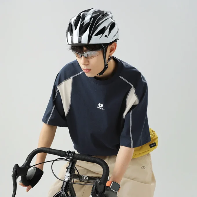 American Trendy Men's Retro Embroidered Pure Cotton Short-Sleeved T-Shirt Summer New Contrast Color Topstitch 240 Grams