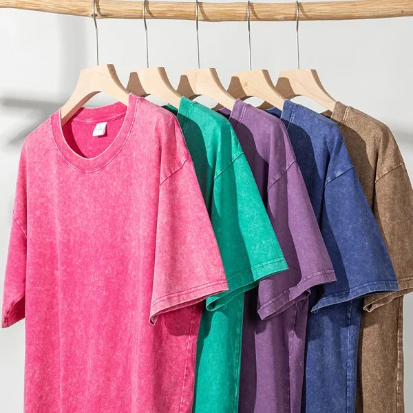 Washed Distressed 100% Cotton T-Shirt Trendy Retro Loose Fit O-Neck T-Shirt Snow Wash Drop Shoulder Knitted Oversize - Image 6