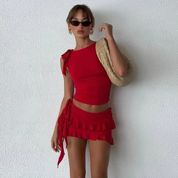 2025 New Women's Fashion European American Style Sleeveless Neck Vest Navel Slim-Fit Short Length Knee Skirt Summer Skinny Solid - Image 3
