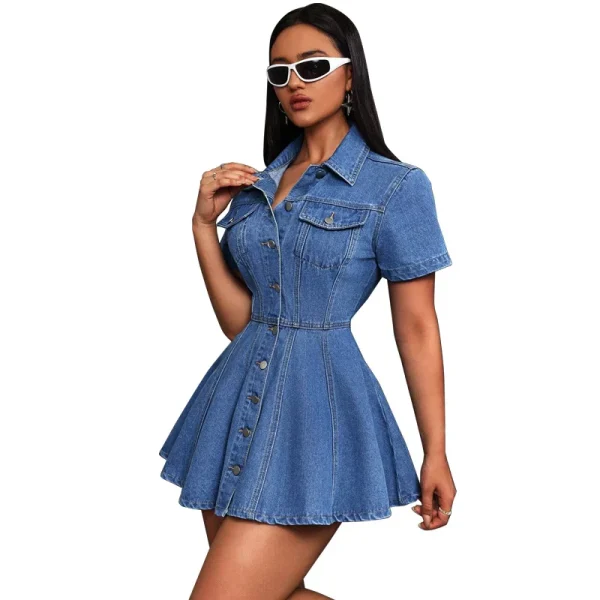 Casual Waist-Hugging Denim Dress Lapel Button Front Simple Fashion Short Sleeves Light Washed Straight Silhouette for Summer - Image 6