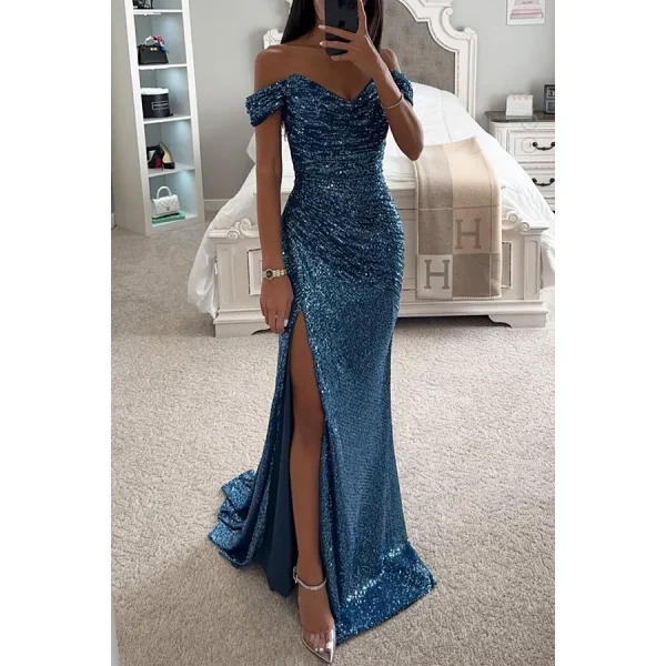 2025 INS Casual Fashion Cross-Border New European American Style Sequin Off-Shoulder Split Dress for Women Floor-Length Chiffon - Image 4