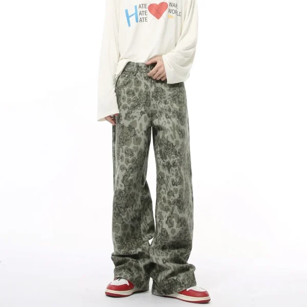 2025 Men's Denim Street Hip-Hop Pants Autumn New Retro Style Leopard Print Medium Draped Design Breathable