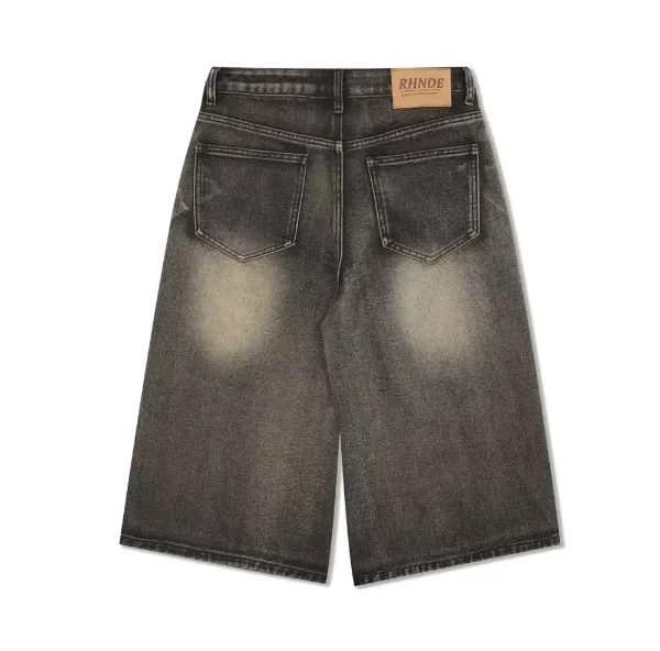 Vintage Washed Men's Denim Shorts Loose Cropped Streetwear High American Style Casual Straight Over-the-Knee Vibe Knitted