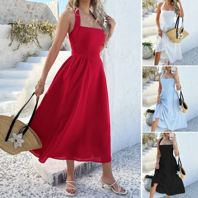 Casual Vacation Style Solid Color High Waist Sleeveless Halter Neck Long Skirt Women's Dress