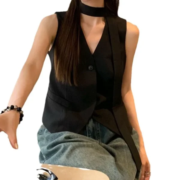 Women's High-End 2025 Summer Fashion Elegant Slimming Casual Suit Vest with Ribbon Button Decoration Sleek Sleeveless Top - Image 5