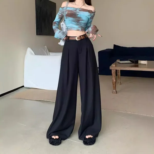Autumhigh Casual Suit Pants High Waist Slimming Straight-Leg Draped Mop Design Easy Match Flat Front Elastic Waist - Image 4