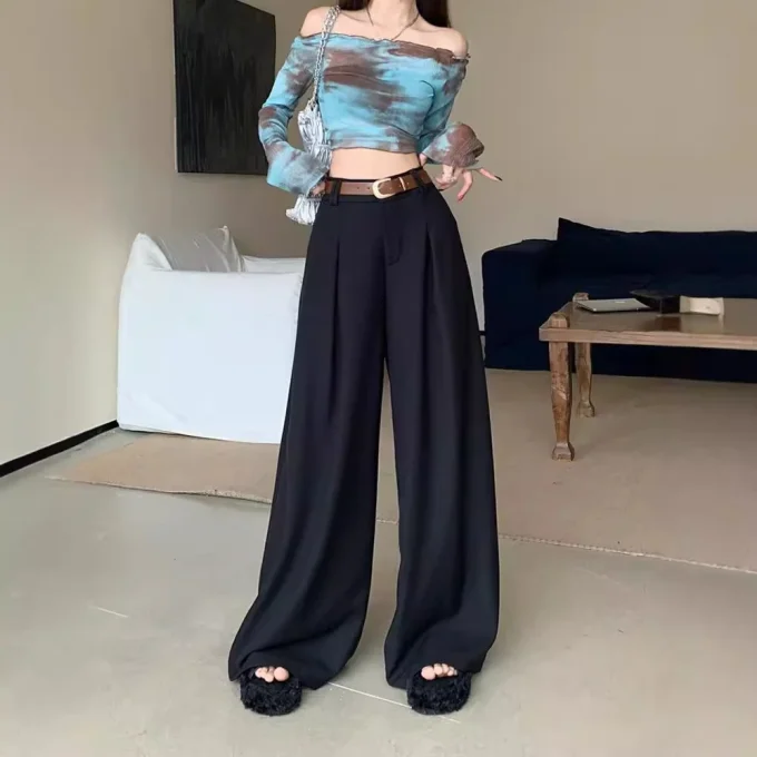 Autumhigh Casual Suit Pants High Waist Slimming Straight-Leg Draped Mop Design Easy Match Flat Front Elastic Waist - Image 4
