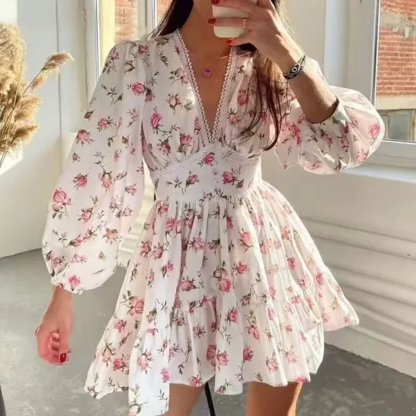 2025 European American Women's Floral V-Neck Lace Dress New Export Style Sweet Temperament Printed Summer Plain Dyed Short Dress