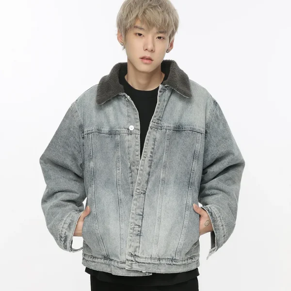 Denim Jacket Men's Winter Retro Splicing Lamb Wool Thickened Couple Style Jacket Jacket for Men
