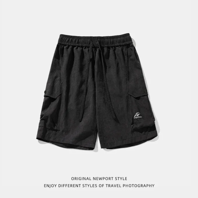 American Retro Trendy 3D Pocket Cargo Shorts for Men New Spring Summer Embroidered Casual Drawstring Five-Point Knee Length Mid