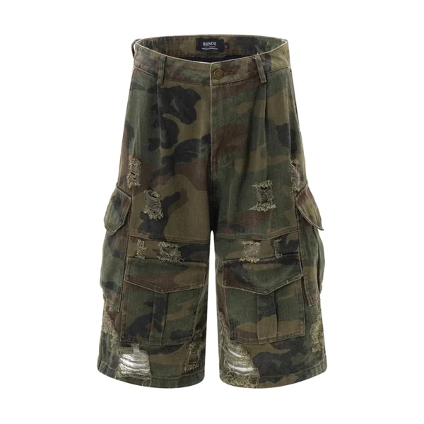 2025 American Retro Cropped Men's Denim Pants Washed Distressed Camouflage Casual Loose Wide-Leg Ripped Summer Mid Straight - Image 6