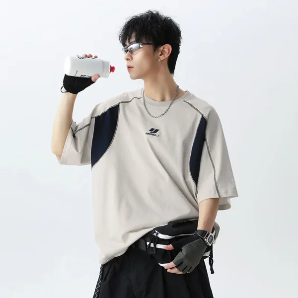 American Trendy Men's Retro Embroidered Pure Cotton Short-Sleeved T-Shirt Summer New Contrast Color Topstitch 240 Grams