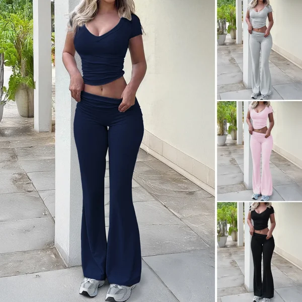 Casual Sports Women's Solid Color BM Short-sleeved T-shirt Long Trousers 2-piece Set - Image 2