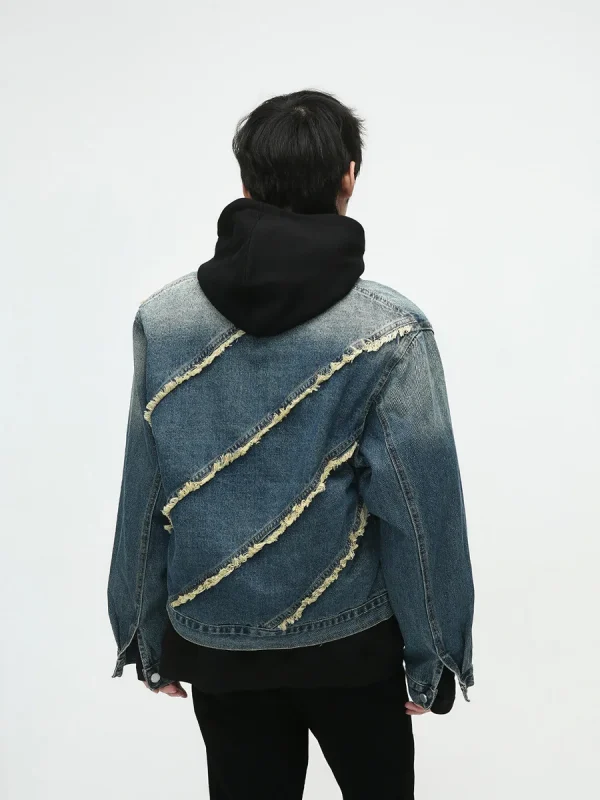 Denim Jacket Men's Autumn New Street Raw Edge Splicing Design Short Denim Jacket for Men - Image 5