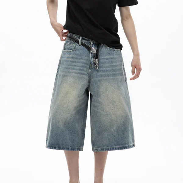 MDQ Men's Cropped Denim Shorts 100% Cotton American Retro Vintage Button Mid Loose Fit New Washed Print for Summer Casual