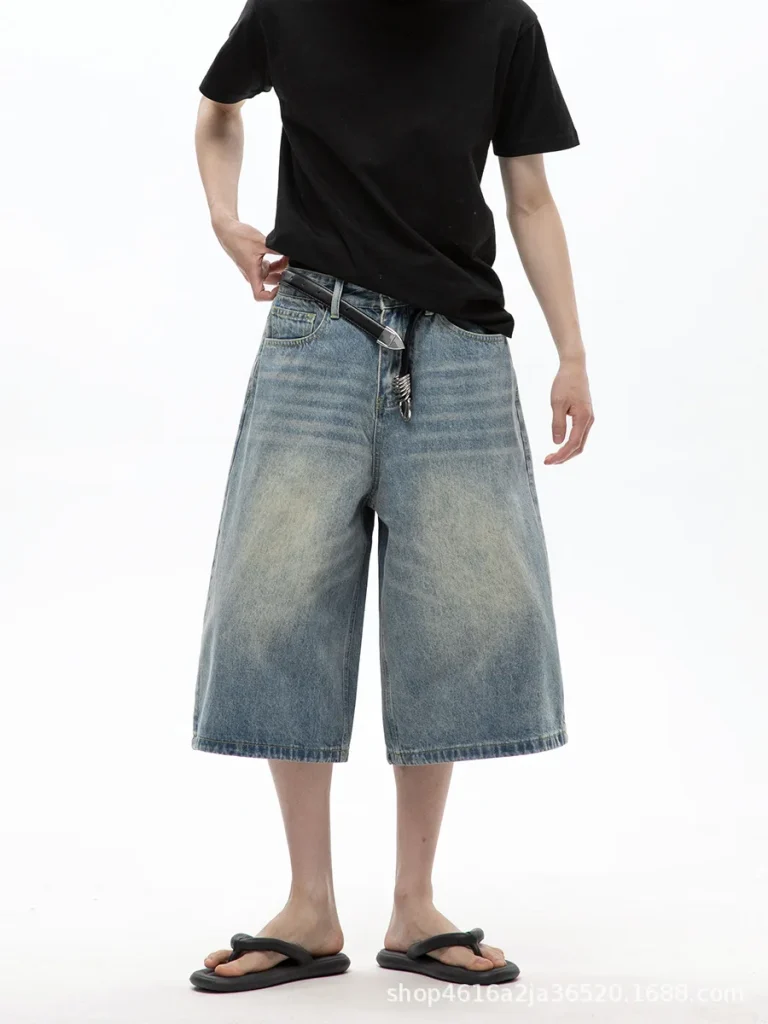 MDQ Men's Cropped Denim Shorts 100% Cotton American Retro Vintage Button Mid Loose Fit New Washed Print for Summer Casual - Image 2