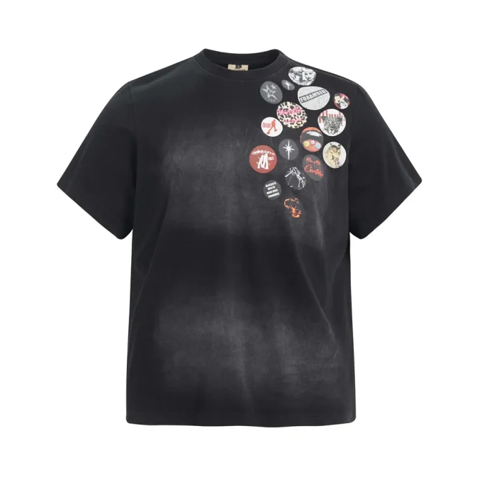 Creative Punk Spray-Painted Old Dirty Design Men's Casual Trendy Short-Sleeved T-Shirt Pure Cotton Badge Printed Neck Top