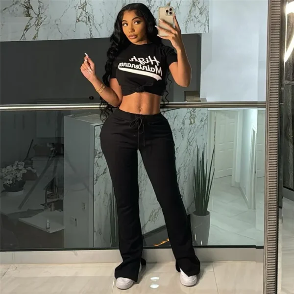 Sexy Printed Navel-revealed Short Sleeves High Waist Slim Trousers Casual Suit for Women - Image 4