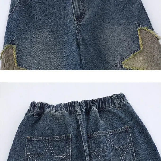 Bermuda Streetwear Distressed Star Embroidery Denim Jean Cotton Baggy Shorts for Mens