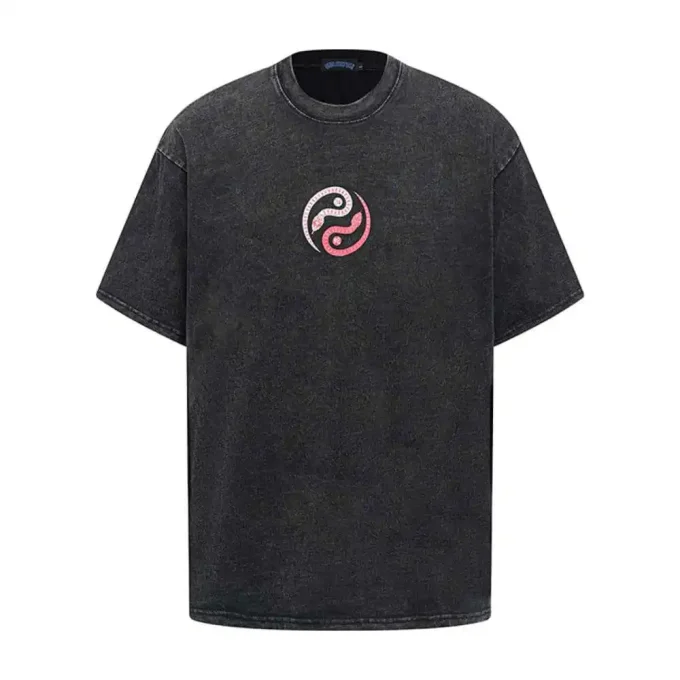 Men's Casual Top 100% Cotton Snake Print T-Shirt Distressed Washed Loose Top Short Sleeved T-Shirt Ins Street Fashion for Summer