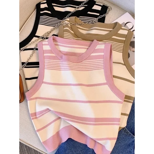 Women's Summer Casual Style Ice Silk Knitted Spice Girl Camisole Short Sleeveless T-shirt