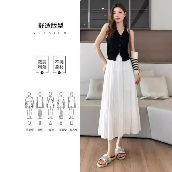 Women's White A-Line Mid-Length Skirt High-Waisted Slimming Look - Image 3