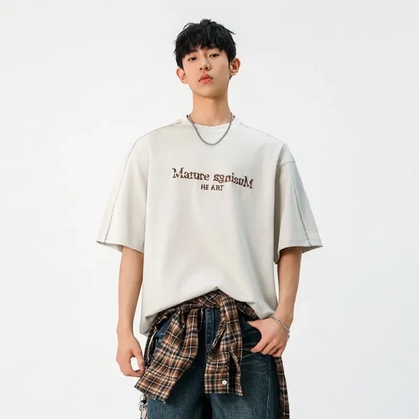 Men's Summer Half Sleeve T-Shirt Solid Pattern Cotton High Street Textured Embroidery Color-Block Stitching Broken Letter Design - Image 2