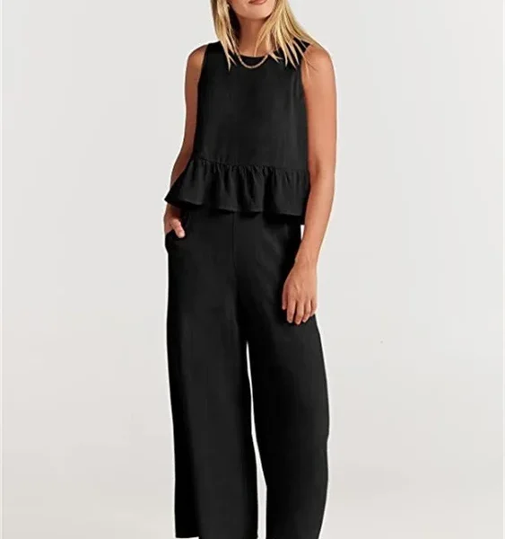 Women's Floral Nine-Point Pants Shorts Set Sleeveless Pleated Vest and Wide Leg Pants Loose Fit Sports Wear Knitting Fabric