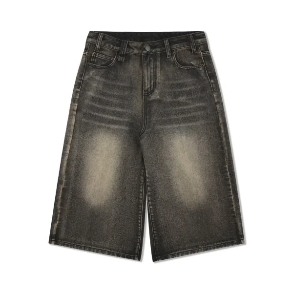 Vintage Washed Men's Denim Shorts Loose Cropped Streetwear High American Style Casual Straight Over-the-Knee Vibe Knitted Jorts