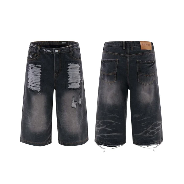 denim raw Edge Denim Jorts Diamond Rhinestone Long Straight Baggy Carpenter Double Waist Layer Y2k Jeans Shorts Men Jorts - Image 5
