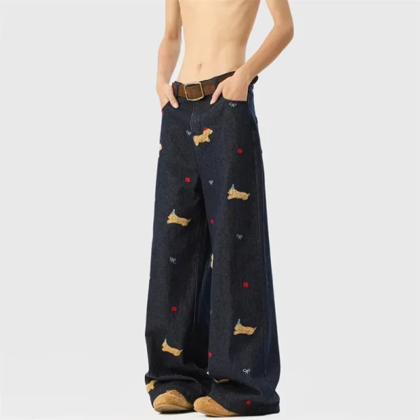 2025 Spring Fall New Arrival American Retro Puppy Embroidered Wide-Leg Jeans Men's/Women's Casual Loose Denim Medium