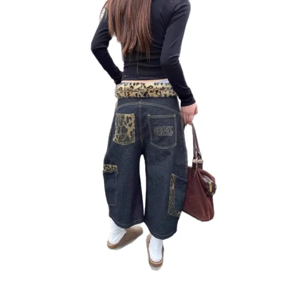 2025 European American Hiphop Street Pants Leopard Print Splicing Scimitar Jeans Embroidered Wide-Leg Cargo Pants Waist - Image 5
