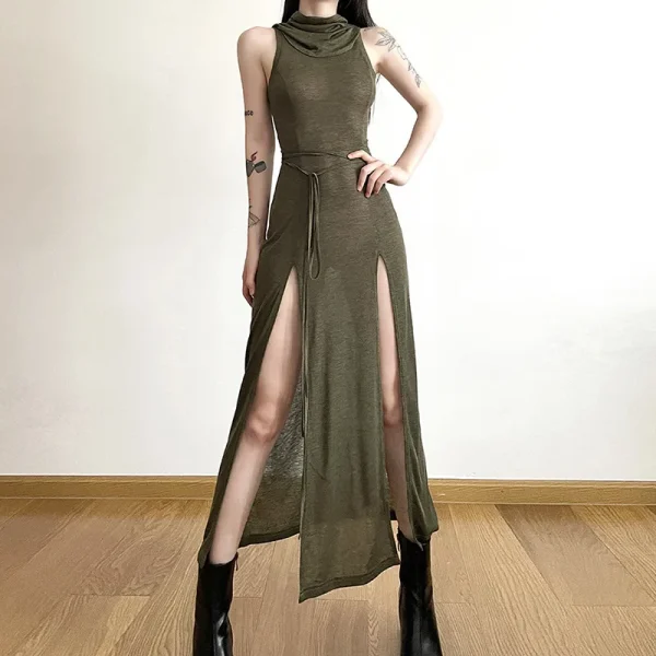 2025 Summer European American Trendy Women's Dress New Hooded Loose Hem Slit Solid Pattern Casual Style Front Natural - Image 3