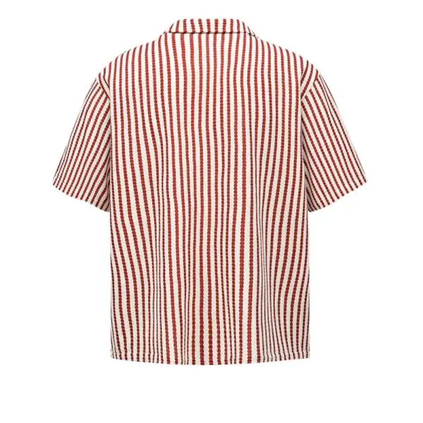 Summer Casual Top Men's Vertical Striped Shirt Trendy Loose Fit Cuban Style Short Sleeve Turn-Down Stand Collar Shirts - Image 2