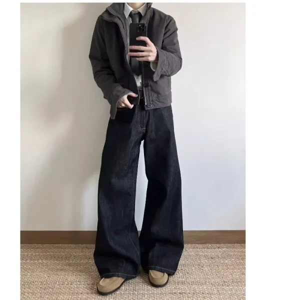 2025 New Style Old Money Black Red Cow Jeans Raw Straight Leg Slightly Flared Wide A-Line Mid Waist Loose Casual A-Line Jeans - Image 5