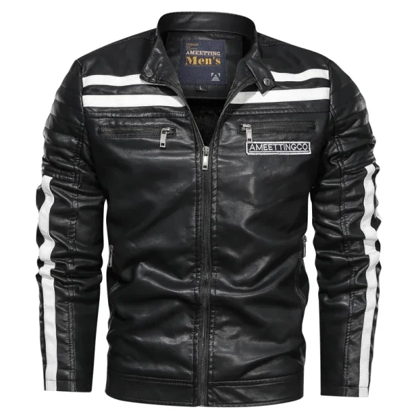 2025 New Design Men's PU Leather Jacket With Velvet Collar Patchwork Motorcycle Leather Jacket Pocket Decoration PU Coat for Men