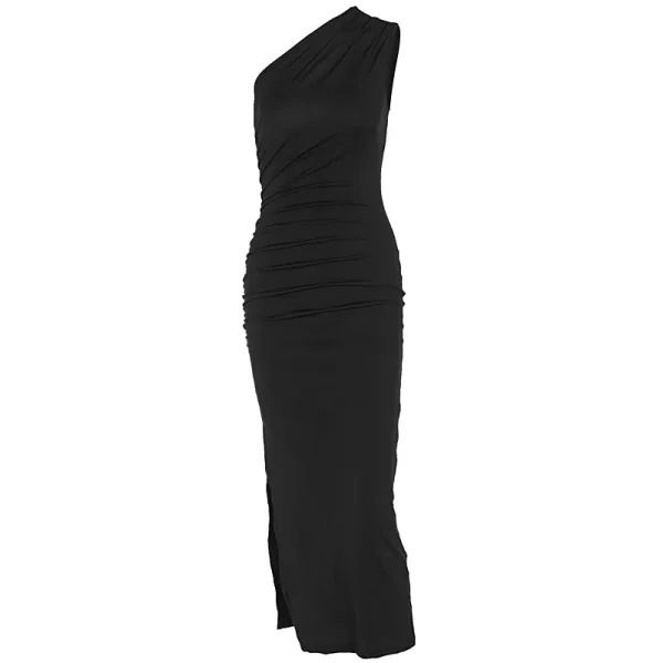 2025 Summer European American Style Cross-Border Asymmetrical Shoulder Solid Color Slit Sleeveless Elegant Slim Evening Dress - Image 5