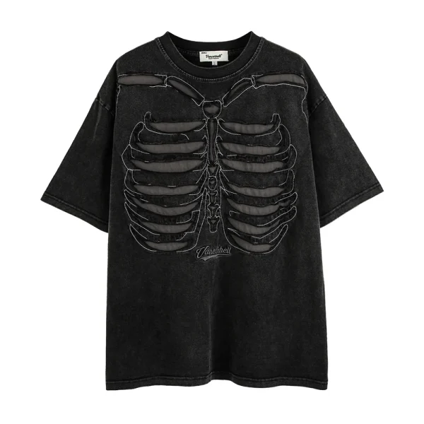 Men's High Street Trend Ripped Hollow Skull Skeleton Short Sleeved T-Shirt Old Washed Half Sleeved Top Loose Knitted for Summer