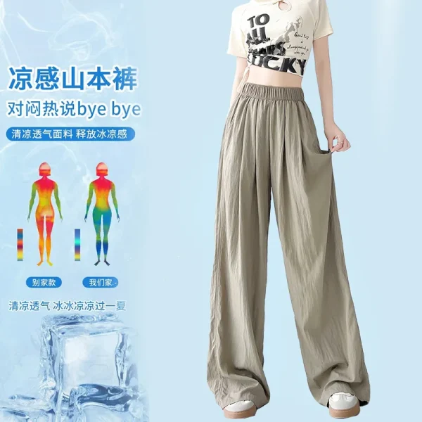 Petite XL Summer Casual Wide-Leg Pants Loose Cotton Linen Elastic Waist Draped Lazy Style Ice Silk Front Flat Long for Women - Image 4