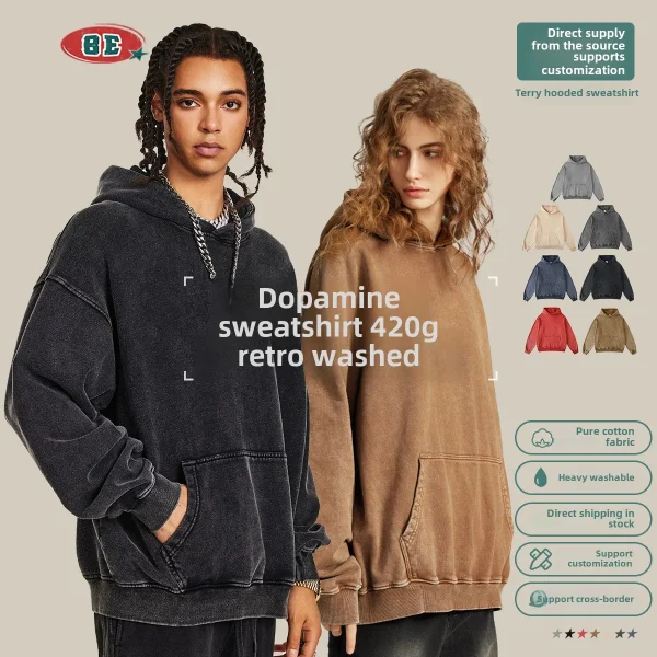 2025 Fall Winter Men's Clothing Fashionable Pullover Sweatshirt Loose Fit American Distressed Wax Dye Heavy Hoodies Washed - Image 2