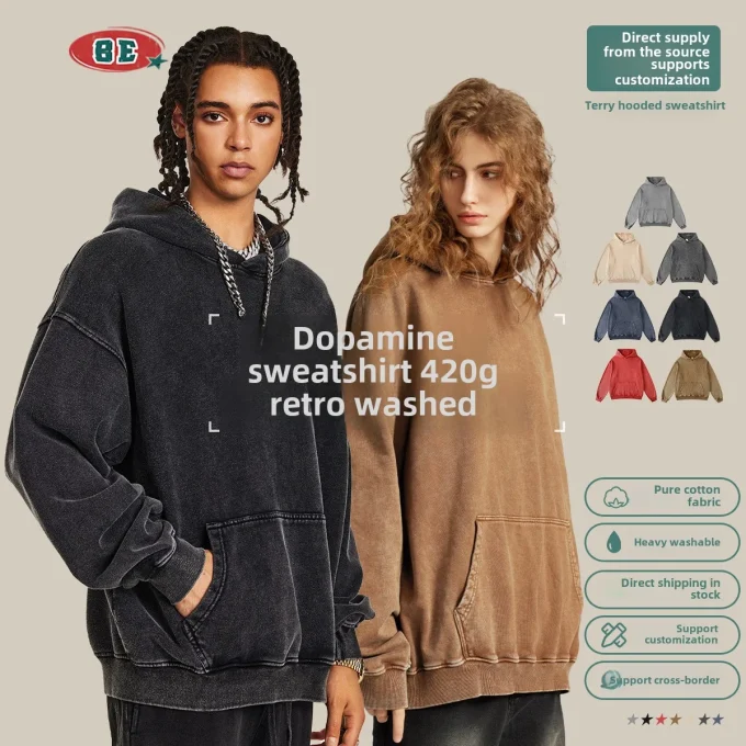 2025 Fall Winter Men's Clothing Fashionable Pullover Sweatshirt Loose Fit American Distressed Wax Dye Heavy Hoodies Washed