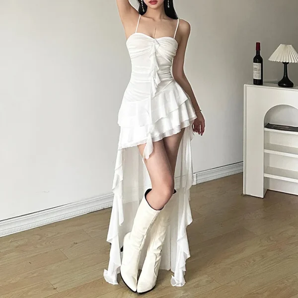 2025 Summer New Women's Cross-Border Off-Shoulder Strap Dress European American Style Solid Color Slim High Chiffon Natural - Image 2