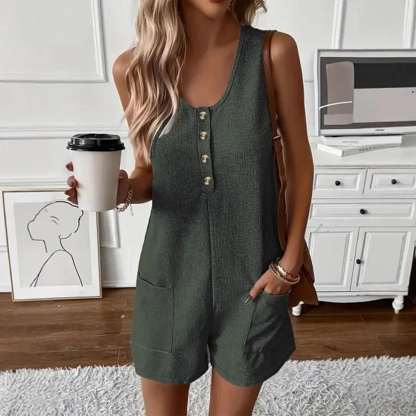 Women's Casual Button Pocket Vest Jumpsuit Hot Women's Dress Set - Image 3