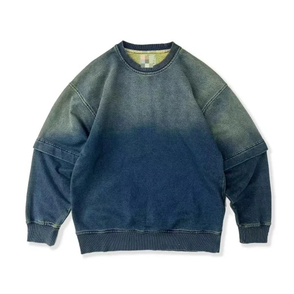 Retro Blue Tie Dyed Oversized Round Neck Loose Autumn Winter Sweatshirt for Men