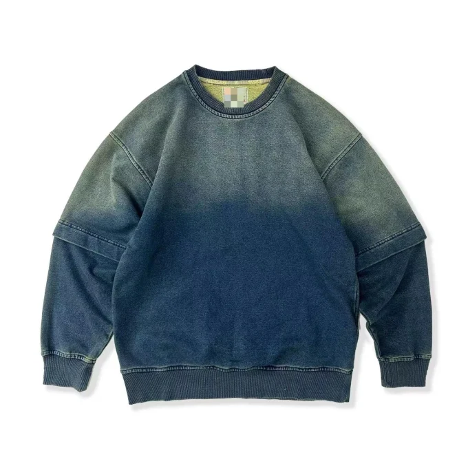 Retro Blue Tie Dyed Oversized Round Neck Loose Autumn Winter Sweatshirt for Men