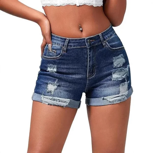 Women's High-Waist Elastic Denim Shorts Vintage Ripped Hem Straight Skinny Fit Casual Sexy Breathable Washed Button for Summer